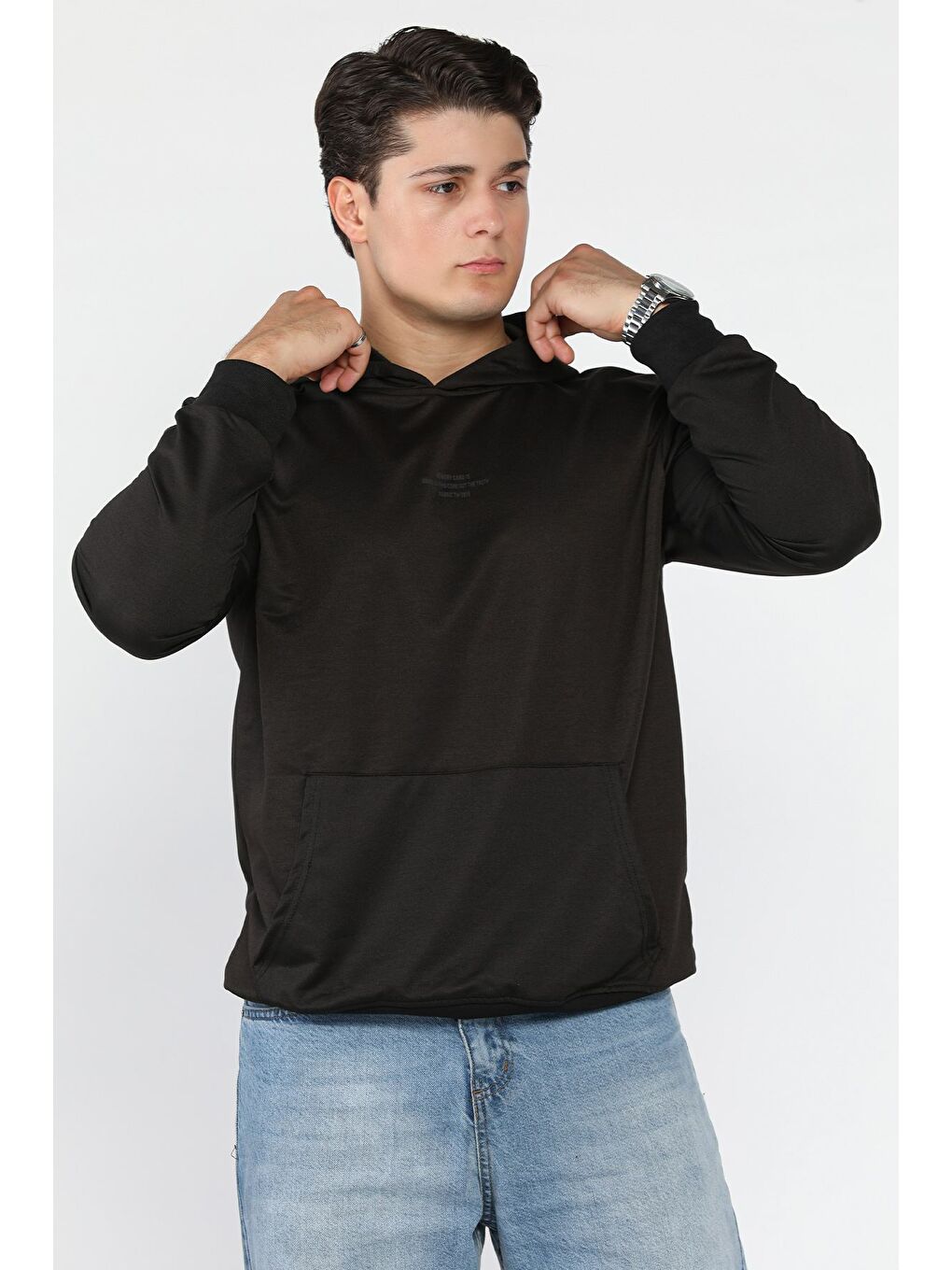 Siyah Erkek Kapüşonlu Kanguru Cepli Sweatshirt-1