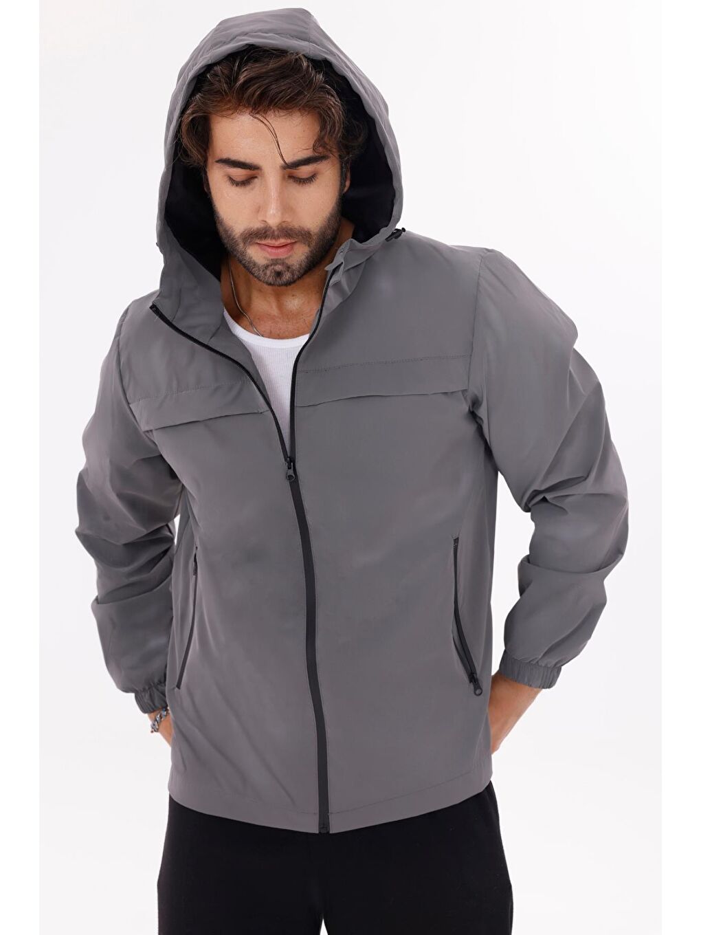Antrasit Erkek Kapüşonlu Nova Kumaş Hafif Ve Dayanıklı Mevsimlik Su Ve Rüzgar Geçirmez Yağmurluk-2