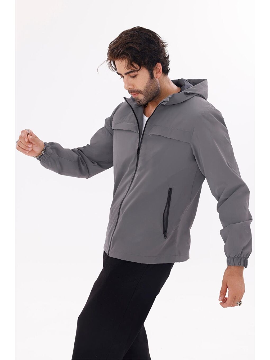 Antrasit Erkek Kapüşonlu Nova Kumaş Hafif Ve Dayanıklı Mevsimlik Su Ve Rüzgar Geçirmez Yağmurluk-3