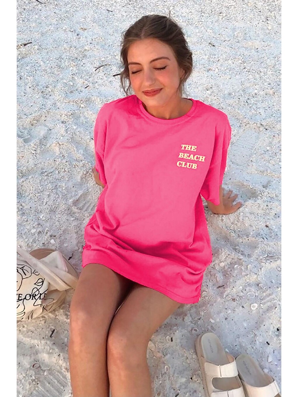 Pembe Baskılı Oversize Yuvarlak Yaka Kadın Tişört Mg1472-2