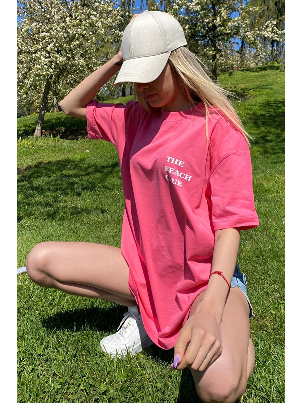 Pembe Baskılı Oversize Yuvarlak Yaka Kadın Tişört Mg1472-3