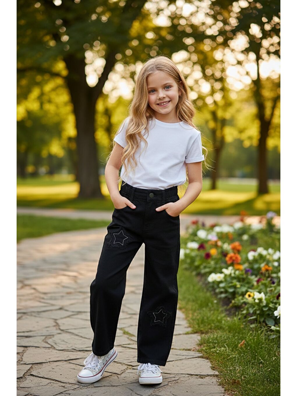Siyah %100 Pamuk Taşlı Yıldız Nakışlı Palazzo Kız Çocuk Pantolon