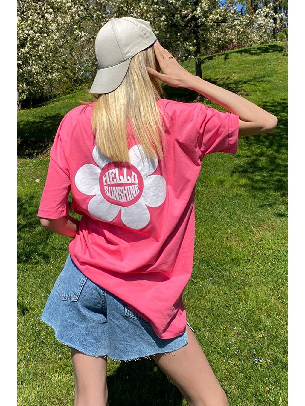 Pembe Baskılı Oversize Yuvarlak Yaka Kadın Tişört Mg1472-4