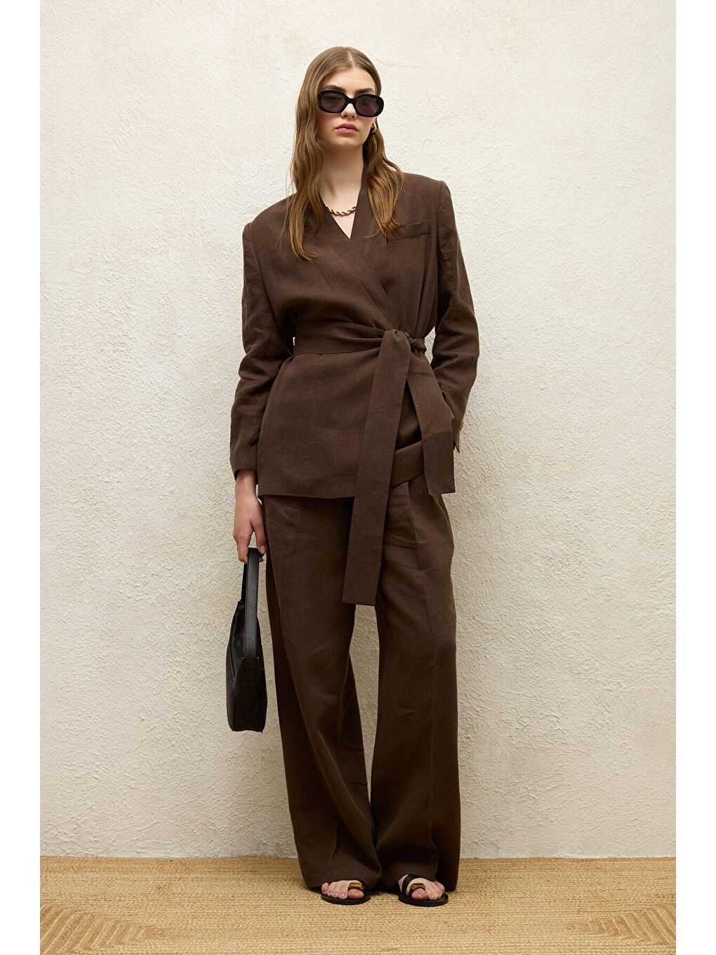 Kahverengi Keten Palazzo Pantolon Acı Kahve