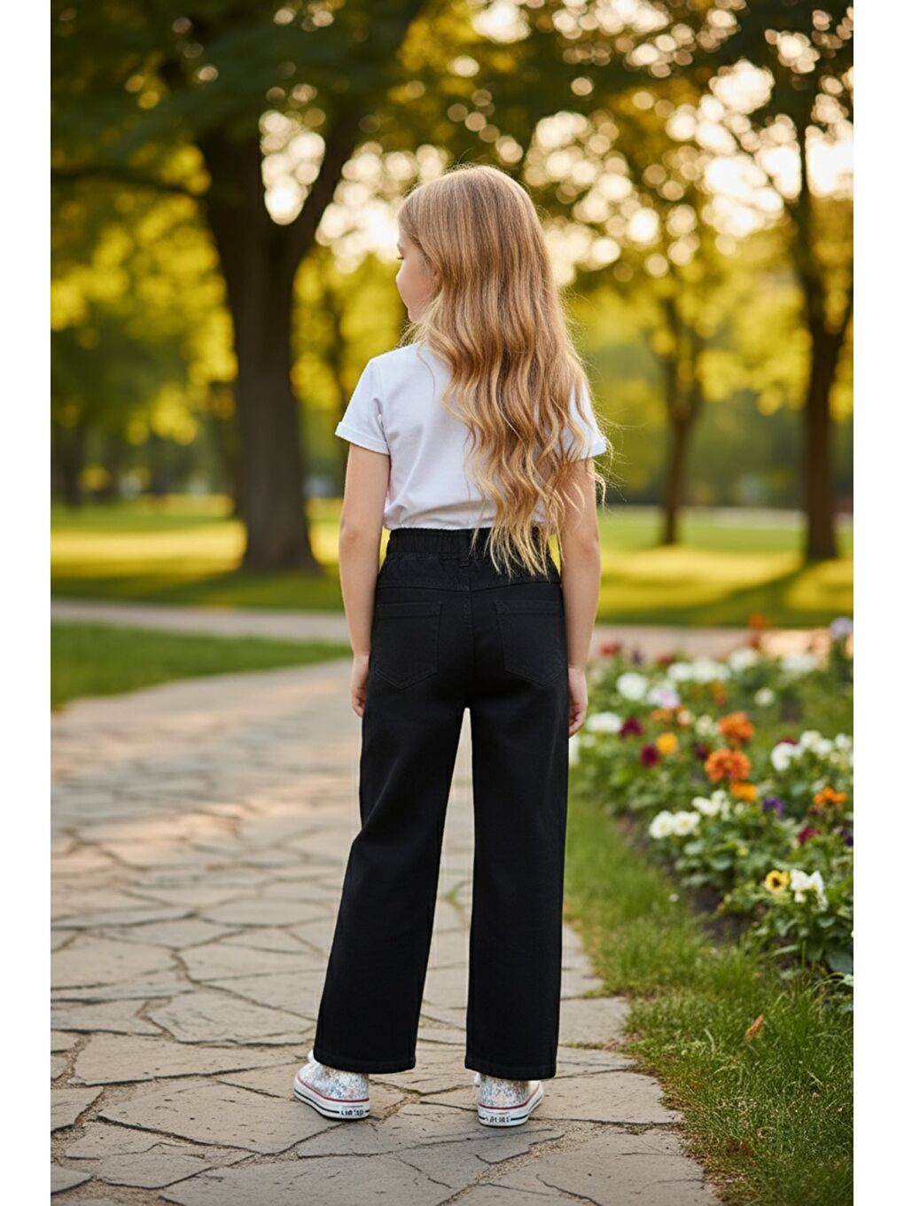 Siyah %100 Pamuk Taşlı Yıldız Nakışlı Palazzo Kız Çocuk Pantolon-1