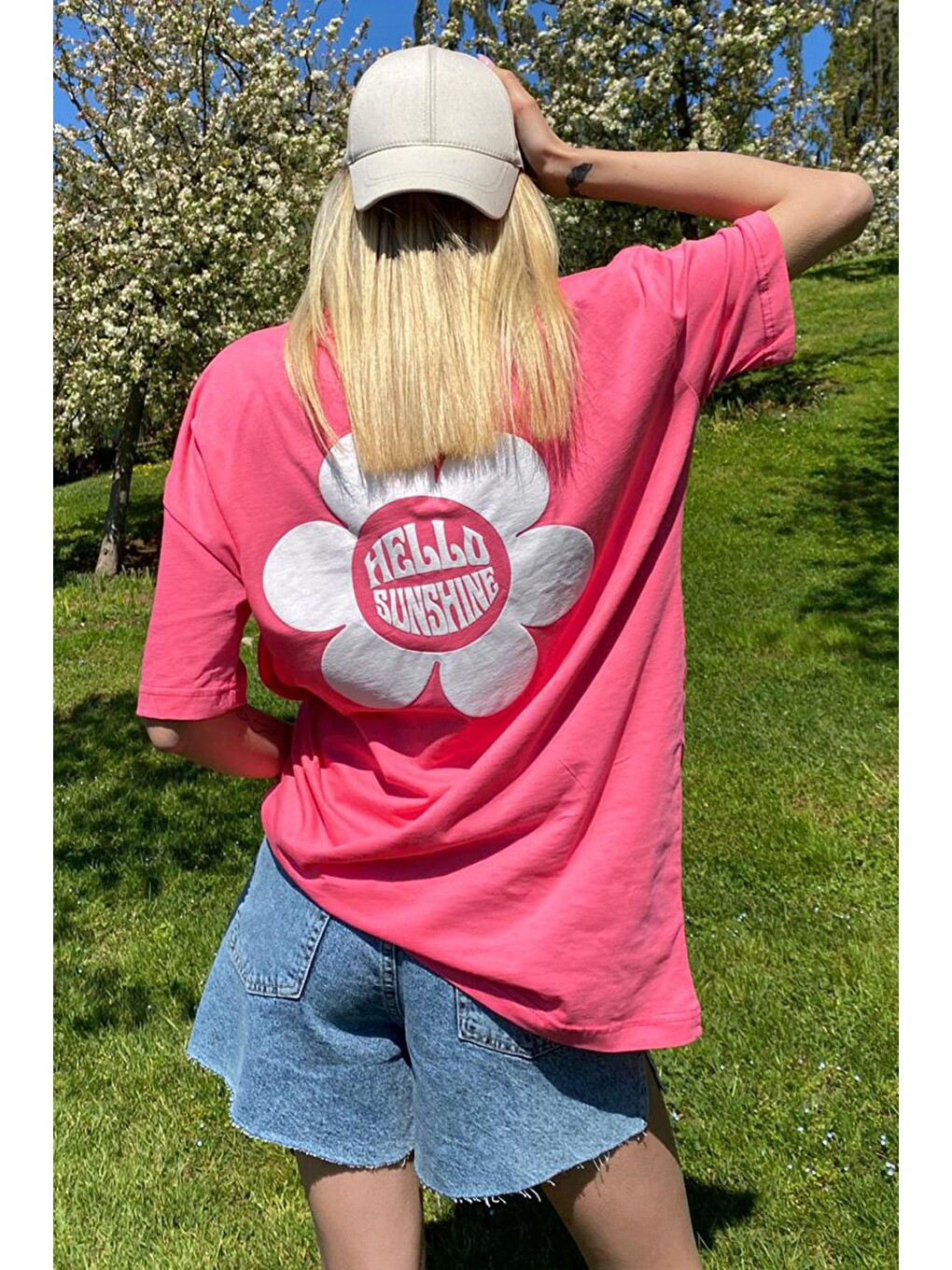 Pembe Baskılı Oversize Yuvarlak Yaka Kadın Tişört Mg1472-5