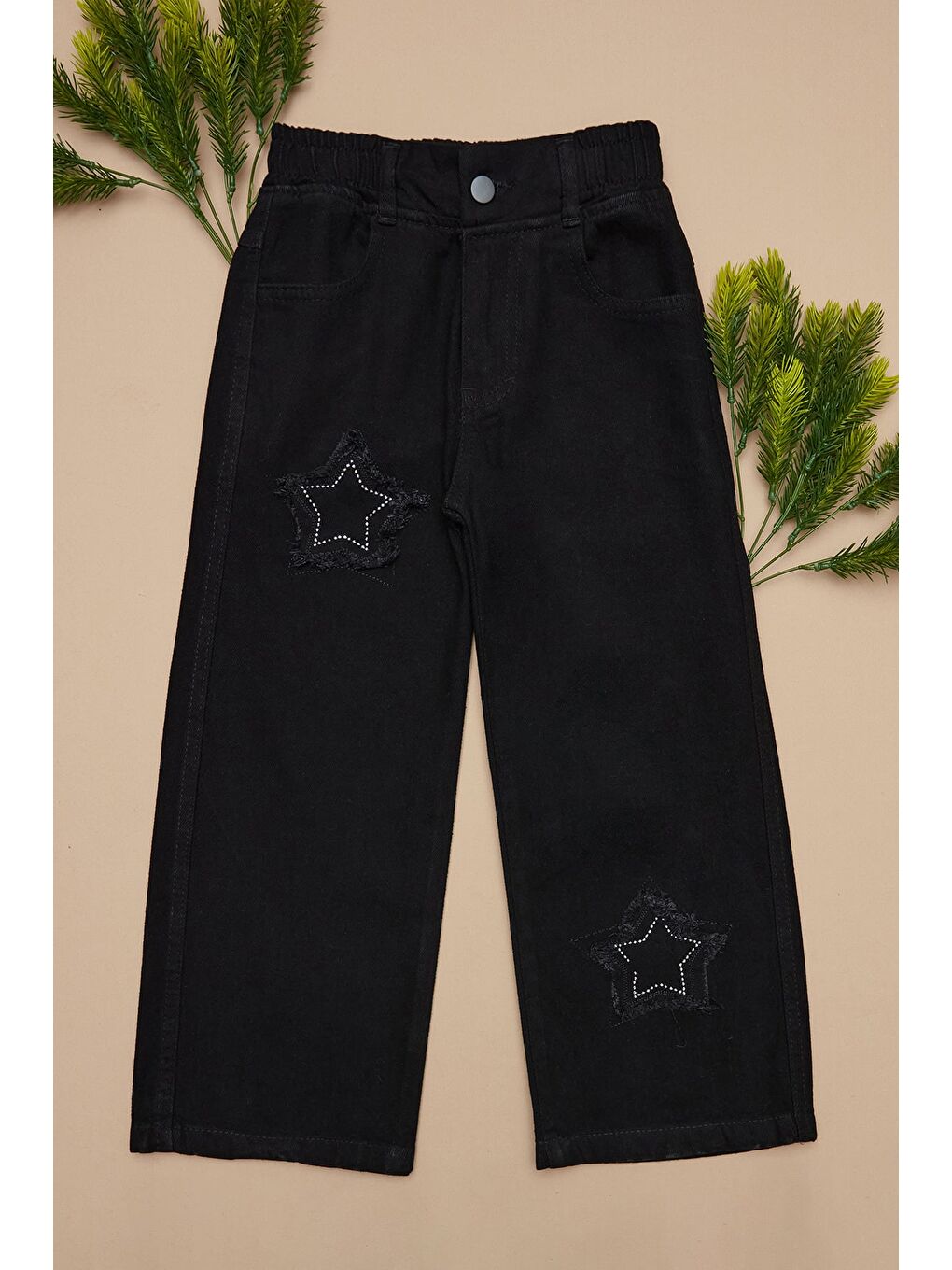 Siyah %100 Pamuk Taşlı Yıldız Nakışlı Palazzo Kız Çocuk Pantolon-2