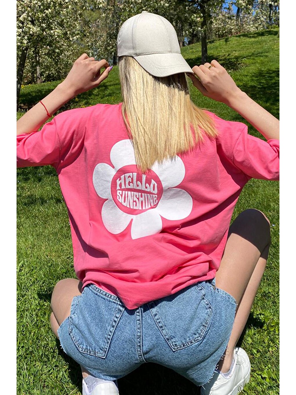 Pembe Baskılı Oversize Yuvarlak Yaka Kadın Tişört Mg1472-6