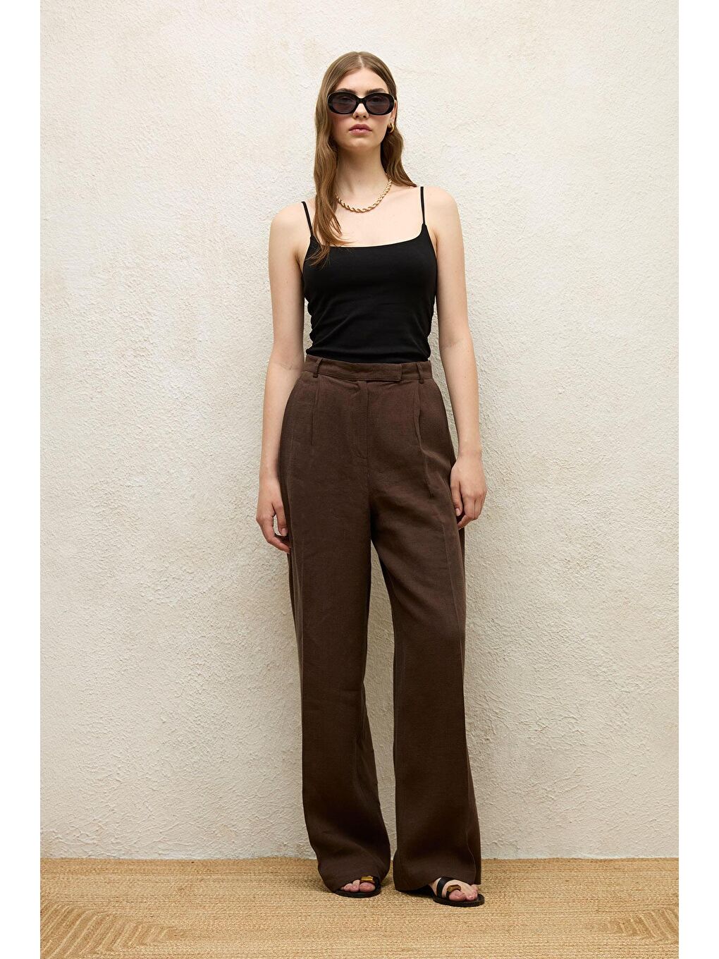 Kahverengi Keten Palazzo Pantolon Acı Kahve-3