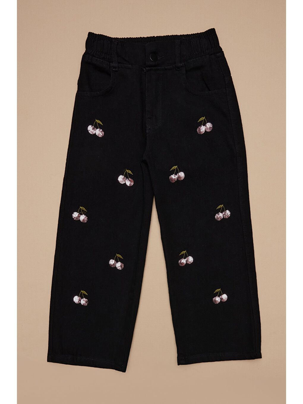 Siyah Beli Lastikli Pullu Kiraz Nakışlı Kız Çocuk Pantolon-1