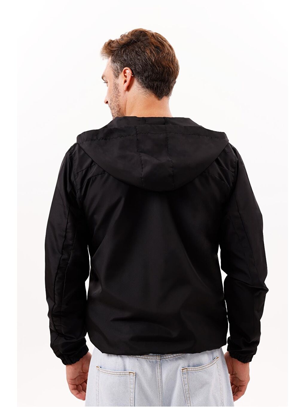 Siyah Erkek Kapüşonlu Su Ve Rüzgar Geçirmez Astarlı Oversize Yağmurluk-5