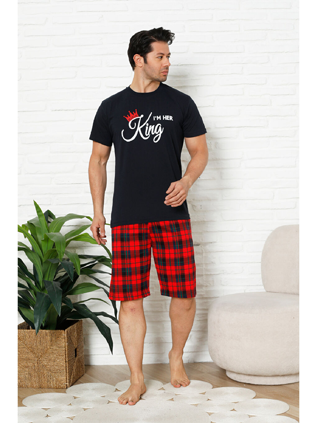 Lacivert Erkek Pijama Takımı - Ekose Altlı (Diz Boyu) - 12425