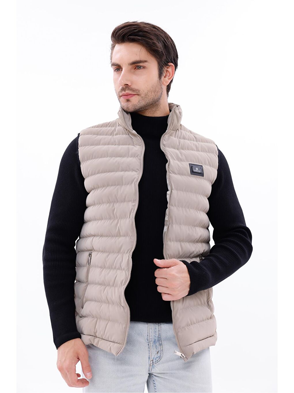 Ekru Erkek Nova Kumaş Şişme Yelek Hafif Dolgulu Fermuarlı Cepli Su İtici Rahat Kalıp-1