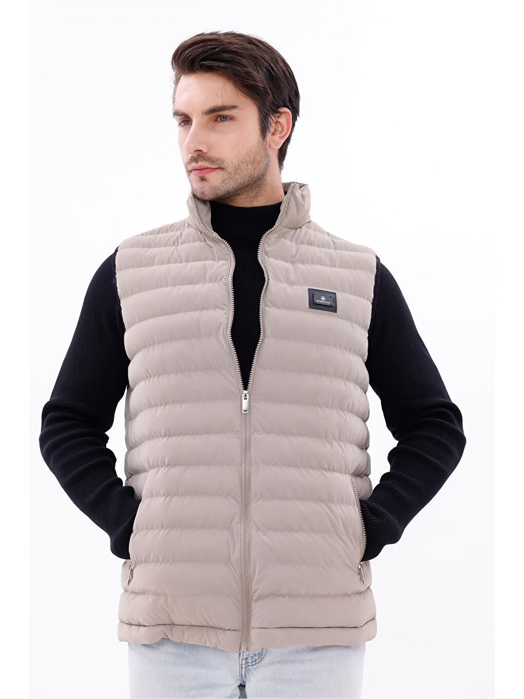 Ekru Erkek Nova Kumaş Şişme Yelek Hafif Dolgulu Fermuarlı Cepli Su İtici Rahat Kalıp-2