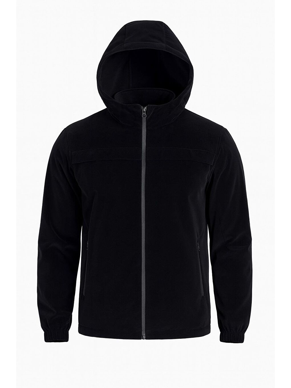 Siyah Erkek Kapüşonlu Rüzgarlık, Fermuarlı Cepli Mevsimlik Mont