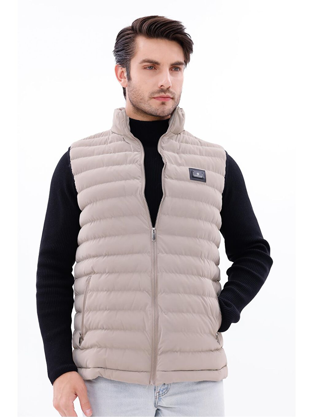 Ekru Erkek Nova Kumaş Şişme Yelek Hafif Dolgulu Fermuarlı Cepli Su İtici Rahat Kalıp-3