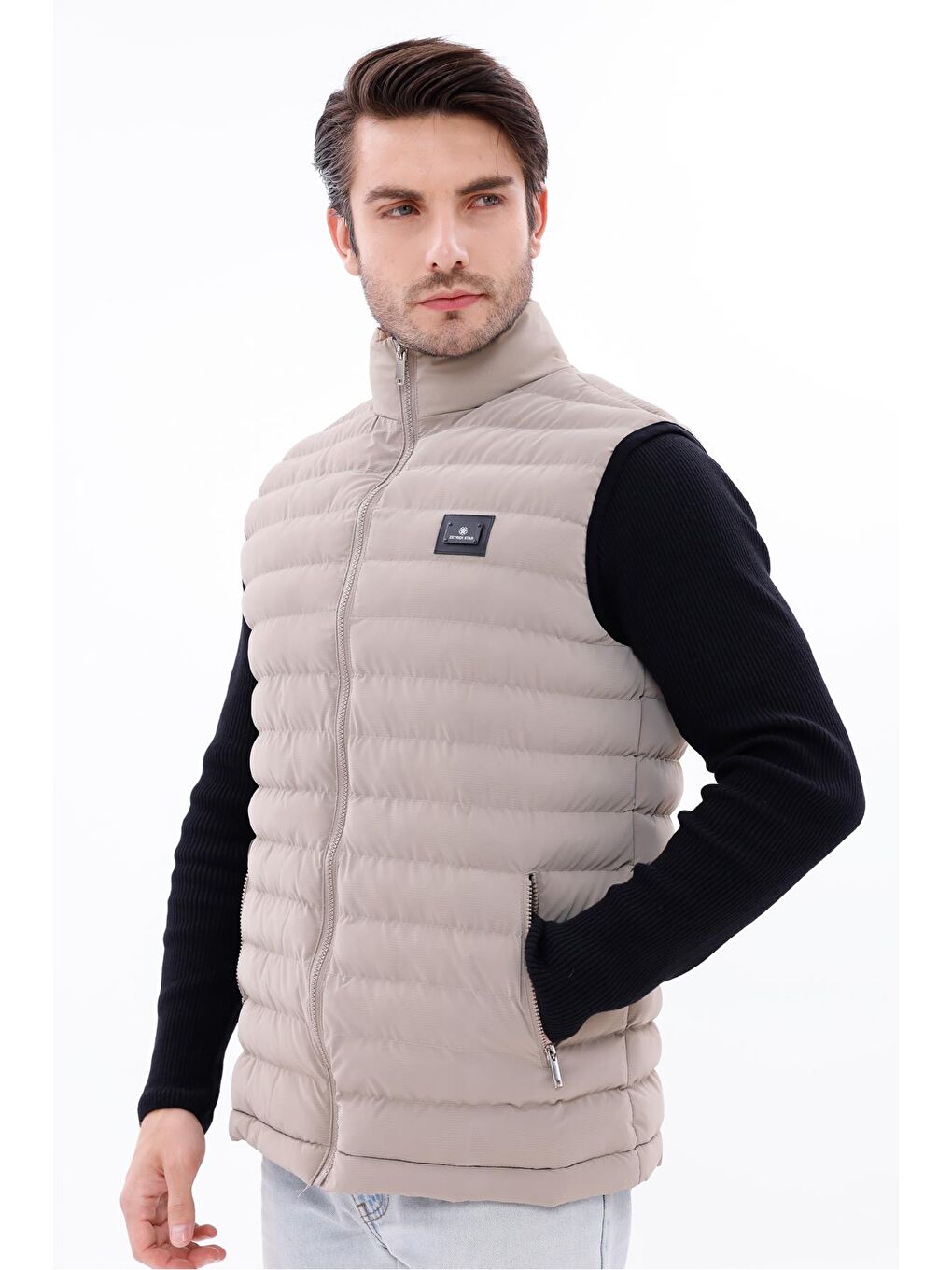 Ekru Erkek Nova Kumaş Şişme Yelek Hafif Dolgulu Fermuarlı Cepli Su İtici Rahat Kalıp-4