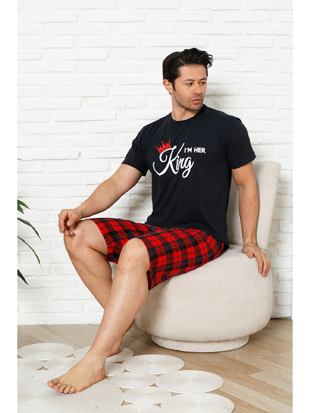 Lacivert Erkek Pijama Takımı - Ekose Altlı (Diz Boyu) - 12425-1