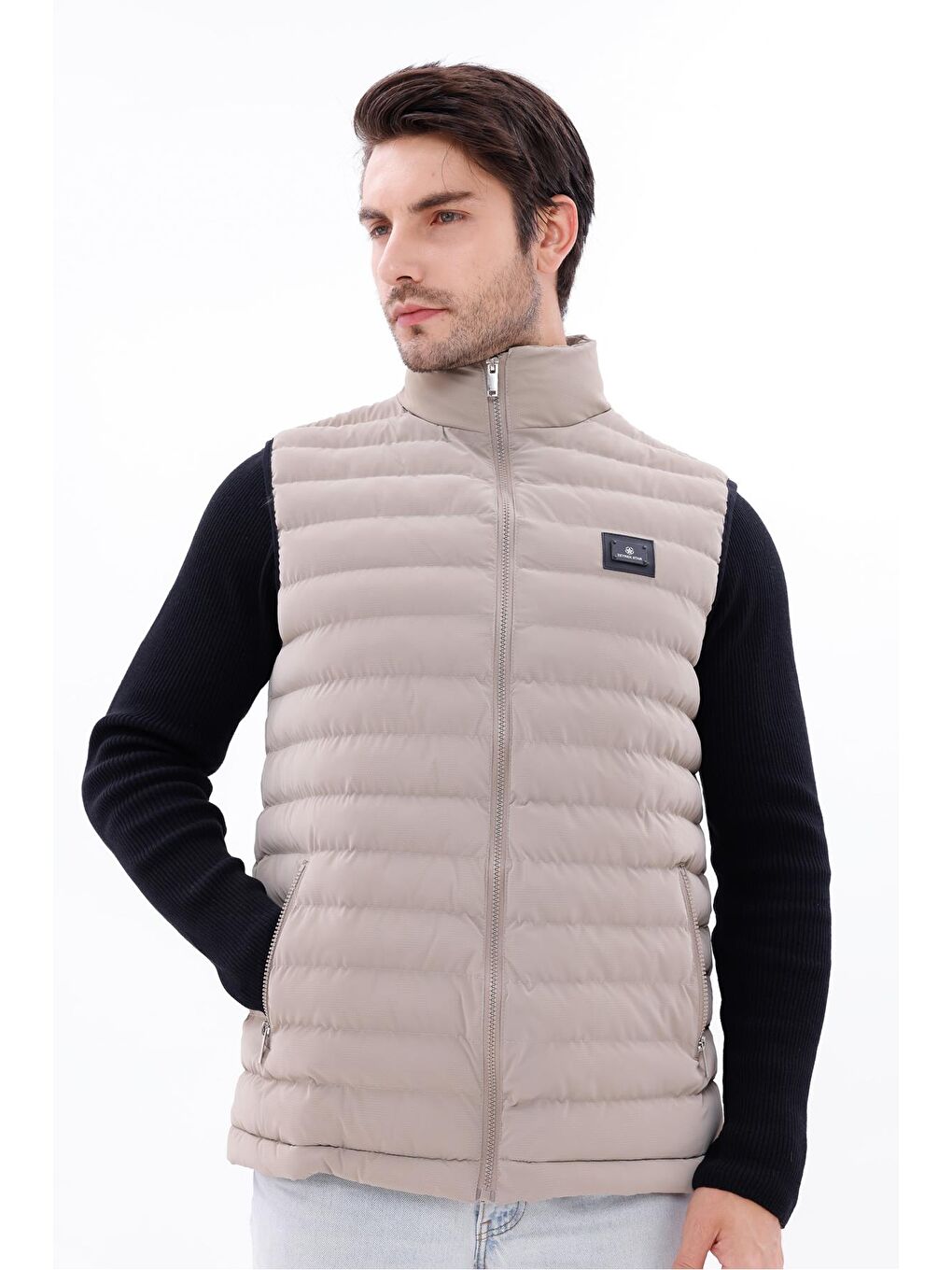 Ekru Erkek Nova Kumaş Şişme Yelek Hafif Dolgulu Fermuarlı Cepli Su İtici Rahat Kalıp-5