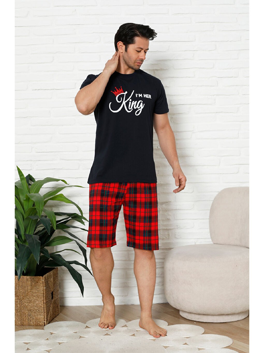 Lacivert Erkek Pijama Takımı - Ekose Altlı (Diz Boyu) - 12425-2