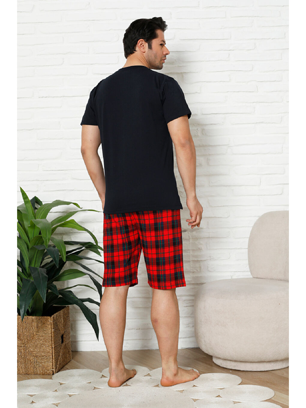 Lacivert Erkek Pijama Takımı - Ekose Altlı (Diz Boyu) - 12425-3