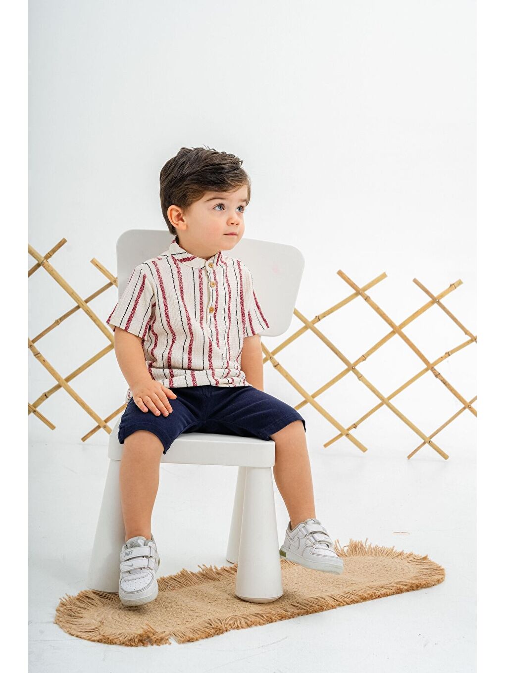 Kırmızı Tarz Gömlekli Belden Ayarlanabilir Kısa Kollu Şortlu 2'li Takım-1