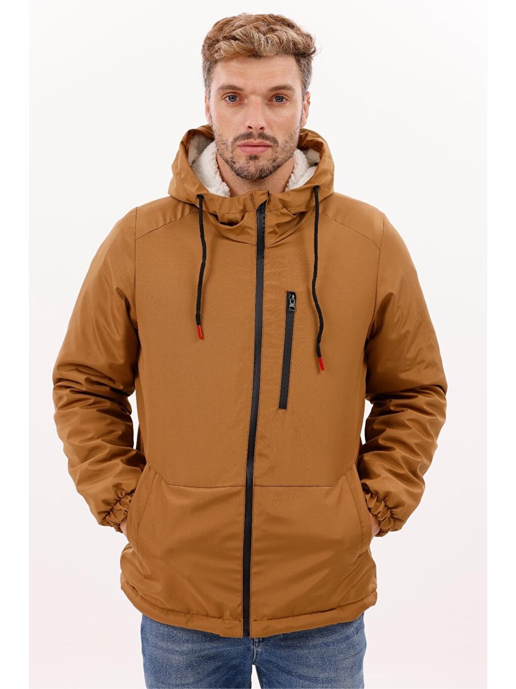 Kahverengi Erkek Kürklü Su Ve Rüzgar Geçirmez Kapüşonlu Kışlık Mont & Kaban & Parka-2