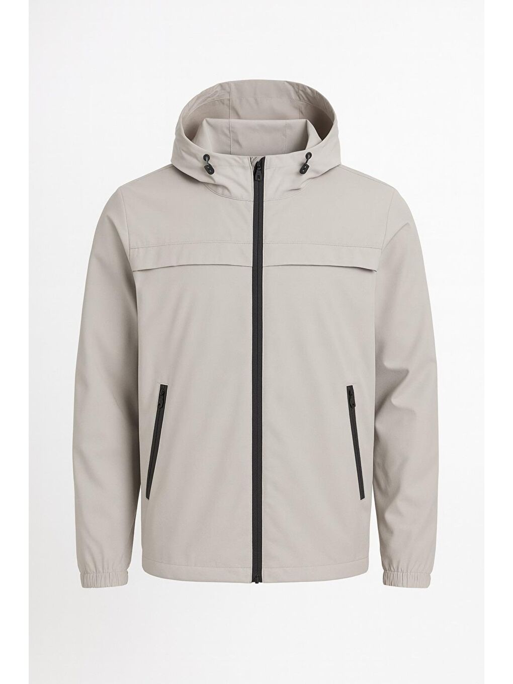 Bej Erkek Kapüşonlu Rüzgarlık, Fermuarlı Cepli Mevsimlik Mont