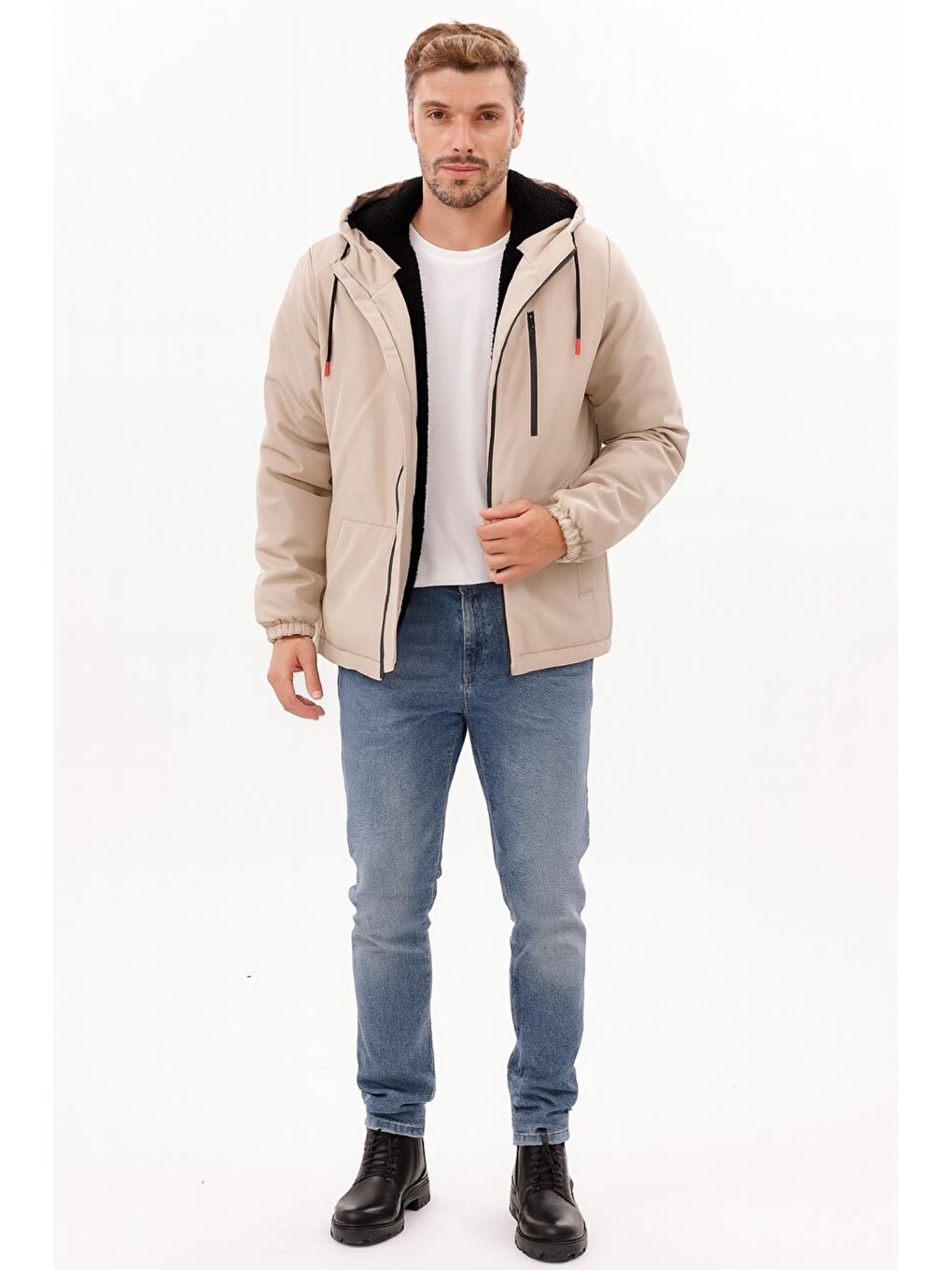 Bej Erkek Kürklü Su Ve Rüzgar Geçirmez Kapüşonlu Kışlık Mont & Kaban & Parka-1