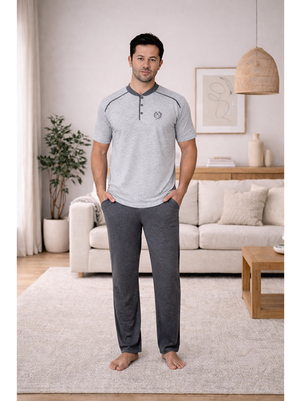 Gri PREMIUM Erkek %100 Doğal Pamuk Yüksek Kalite Sıfır Yaka Kısa Kollu Düğmeli Pijama Takımı