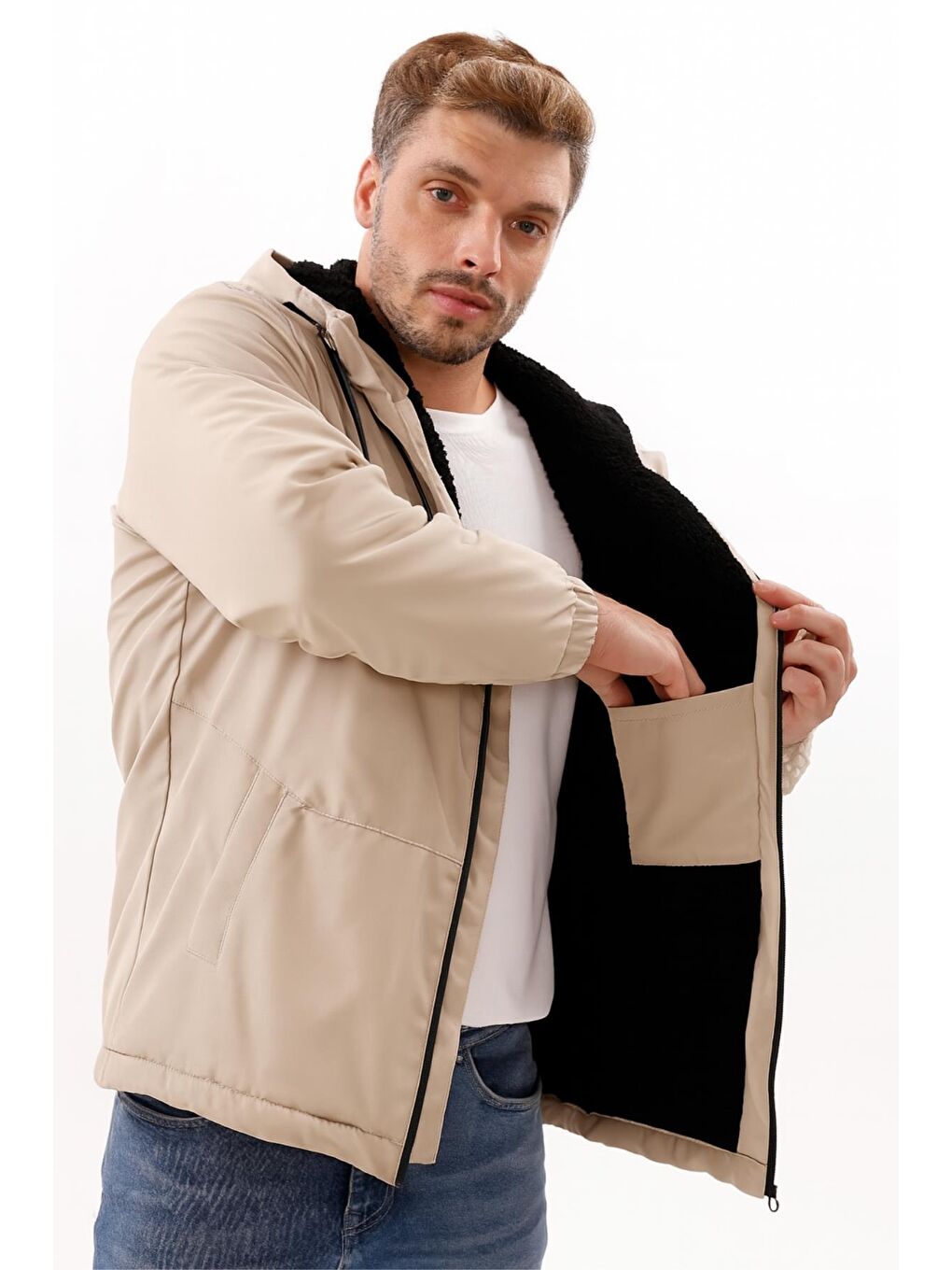 Bej Erkek Kürklü Su Ve Rüzgar Geçirmez Kapüşonlu Kışlık Mont & Kaban & Parka-2