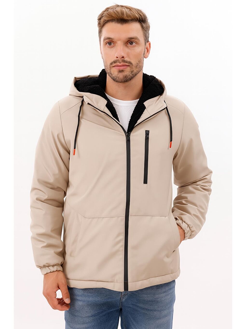 Bej Erkek Kürklü Su Ve Rüzgar Geçirmez Kapüşonlu Kışlık Mont & Kaban & Parka-3