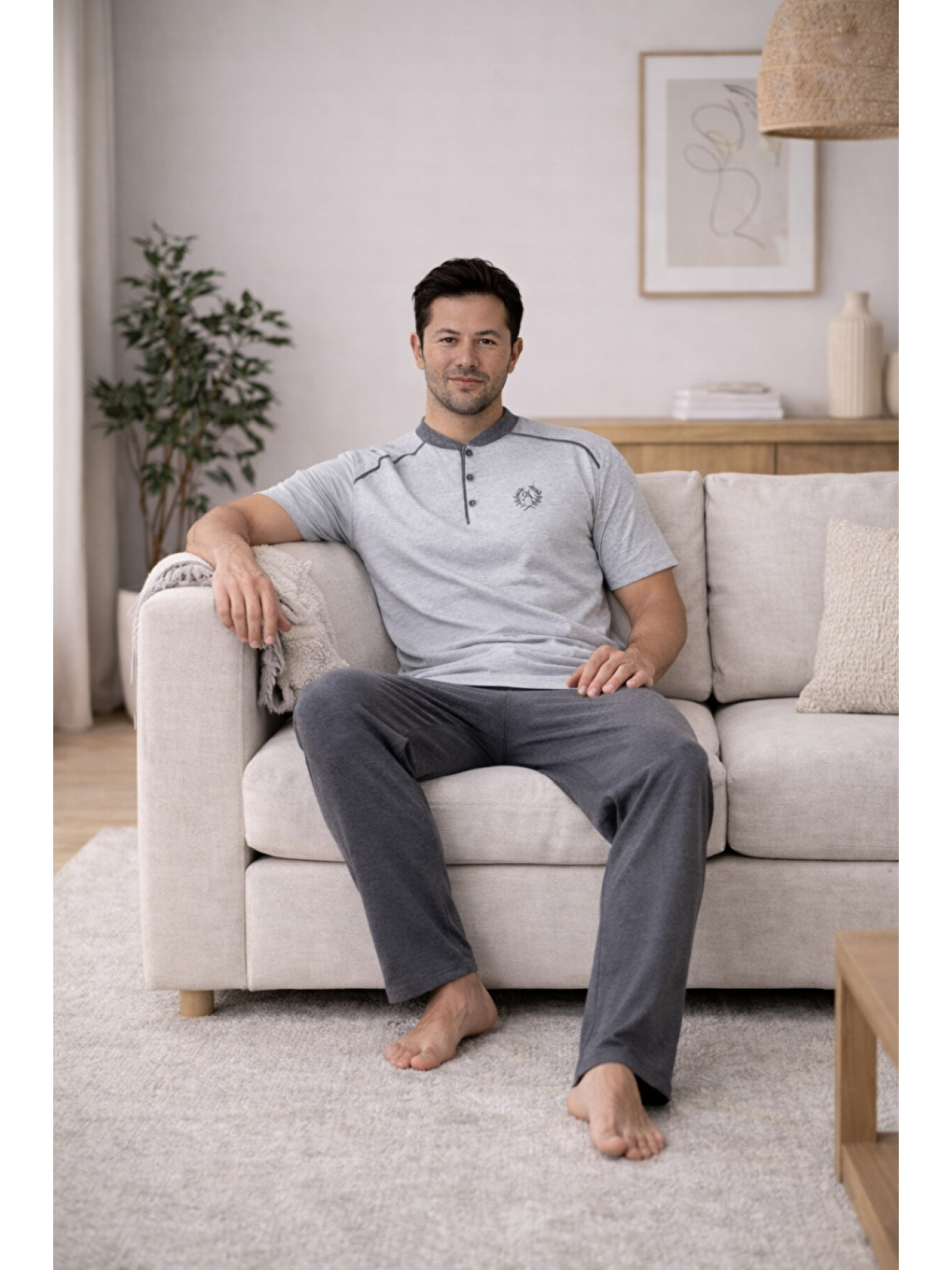 Gri PREMIUM Erkek %100 Doğal Pamuk Yüksek Kalite Sıfır Yaka Kısa Kollu Düğmeli Pijama Takımı-1