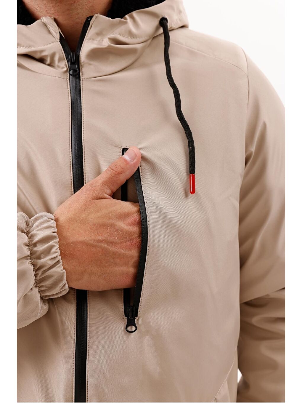 Bej Erkek Kürklü Su Ve Rüzgar Geçirmez Kapüşonlu Kışlık Mont & Kaban & Parka-4