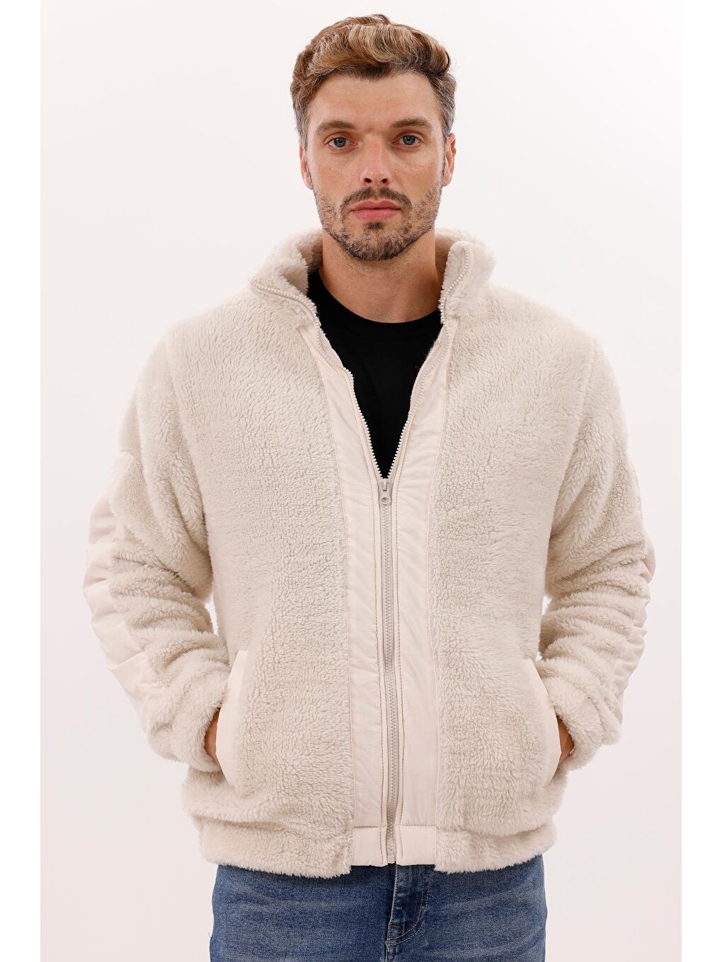 Ekru Erkek Pelüş Rüzgar Geçirmez Welsoft Çift Kışlık Mont-1