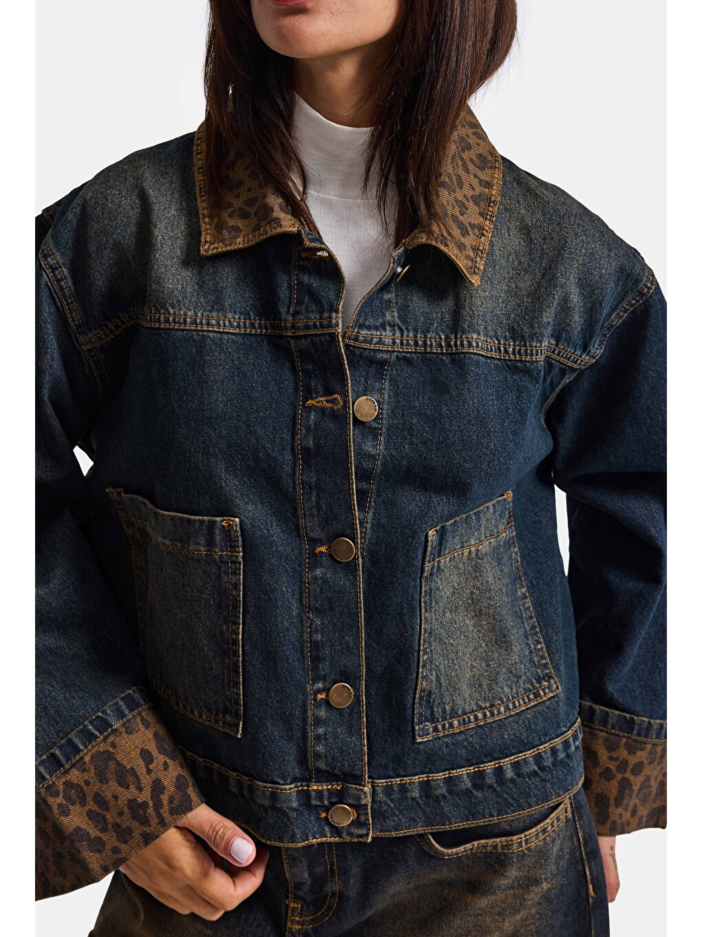 Mavi Kadın T.kot Rengi 2w6-8 Oversize Kemer Boy Leopar Detaylı Tasarım Denim Ceket-1
