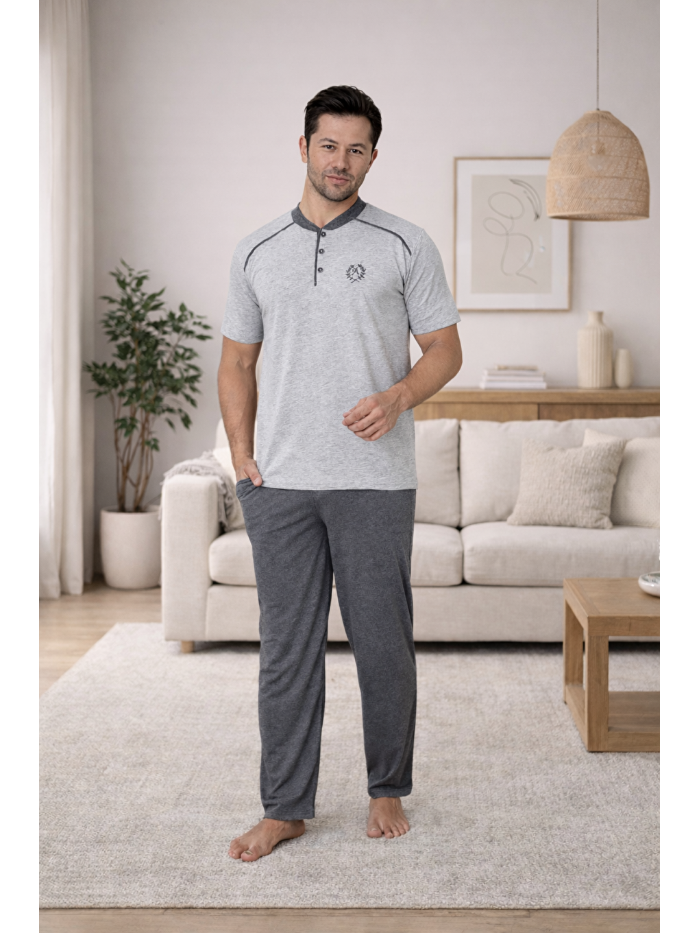 Gri PREMIUM Erkek %100 Doğal Pamuk Yüksek Kalite Sıfır Yaka Kısa Kollu Düğmeli Pijama Takımı-3