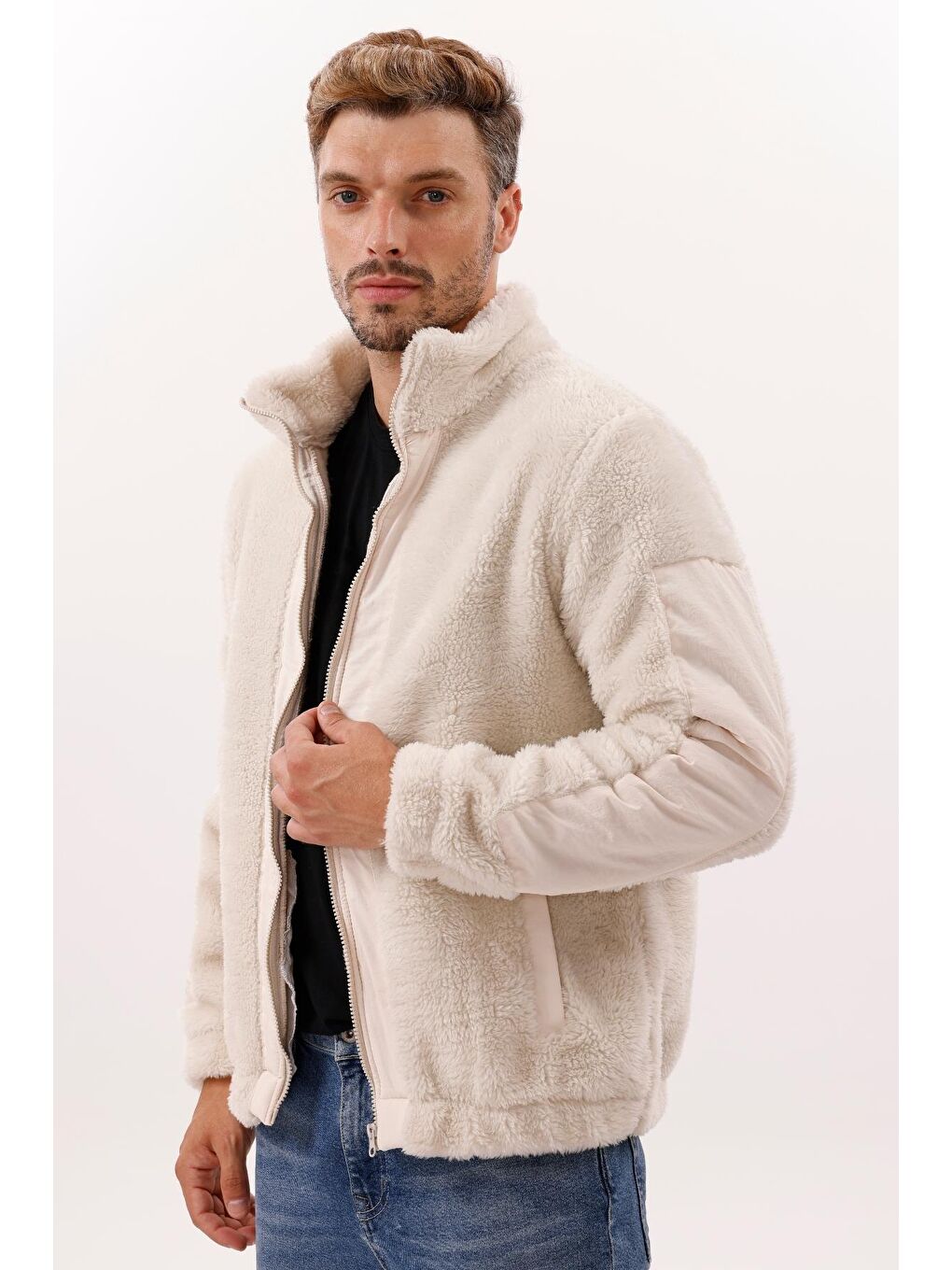 Ekru Erkek Pelüş Rüzgar Geçirmez Welsoft Çift Kışlık Mont-2