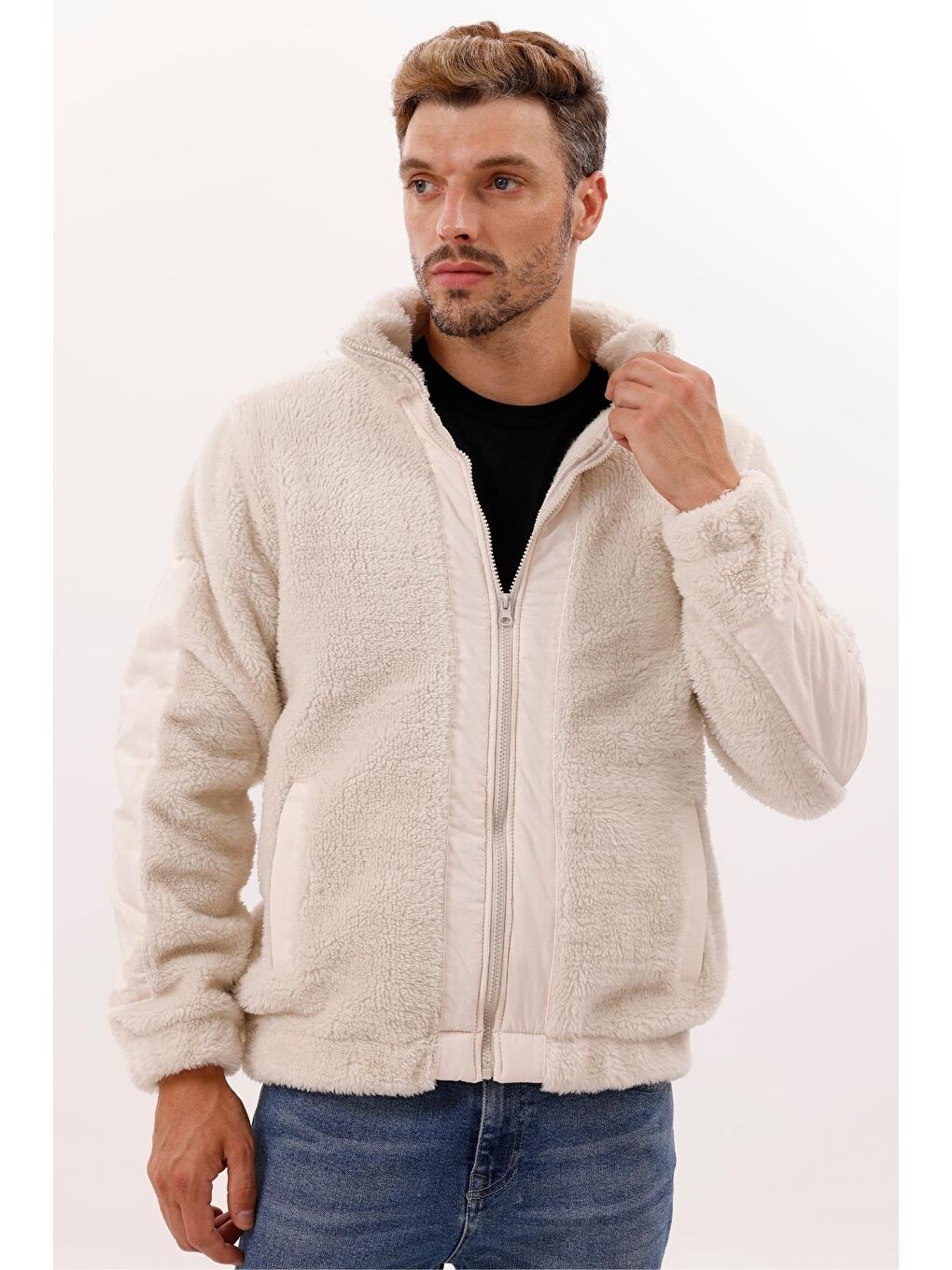 Ekru Erkek Pelüş Rüzgar Geçirmez Welsoft Çift Kışlık Mont-3