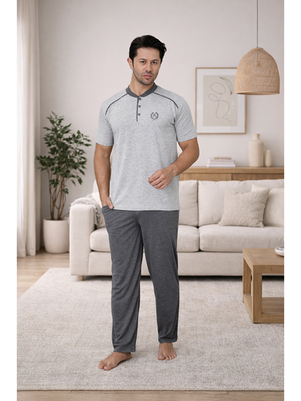 Gri PREMIUM Erkek %100 Doğal Pamuk Yüksek Kalite Sıfır Yaka Kısa Kollu Düğmeli Pijama Takımı-4