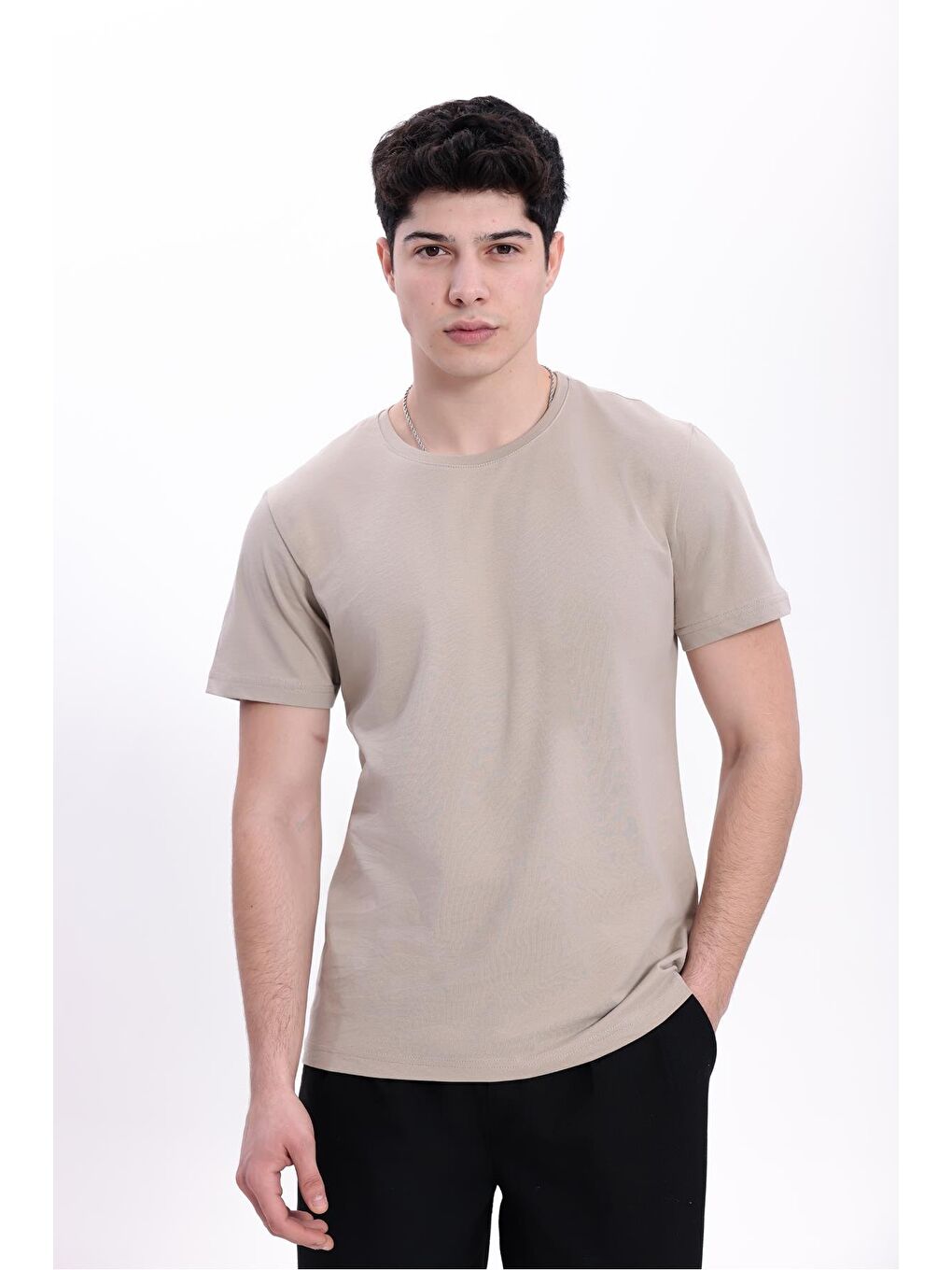 Bej Erkek/Unisex Bisiklet Yaka Basic Tişört %100 Pamuk-2