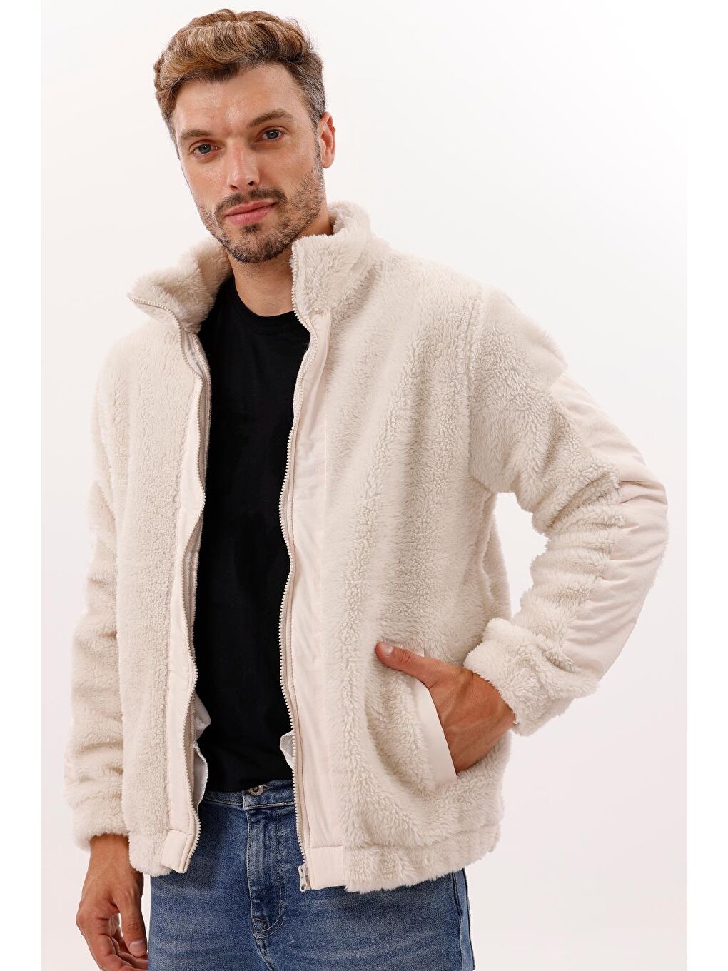 Ekru Erkek Pelüş Rüzgar Geçirmez Welsoft Çift Kışlık Mont-4