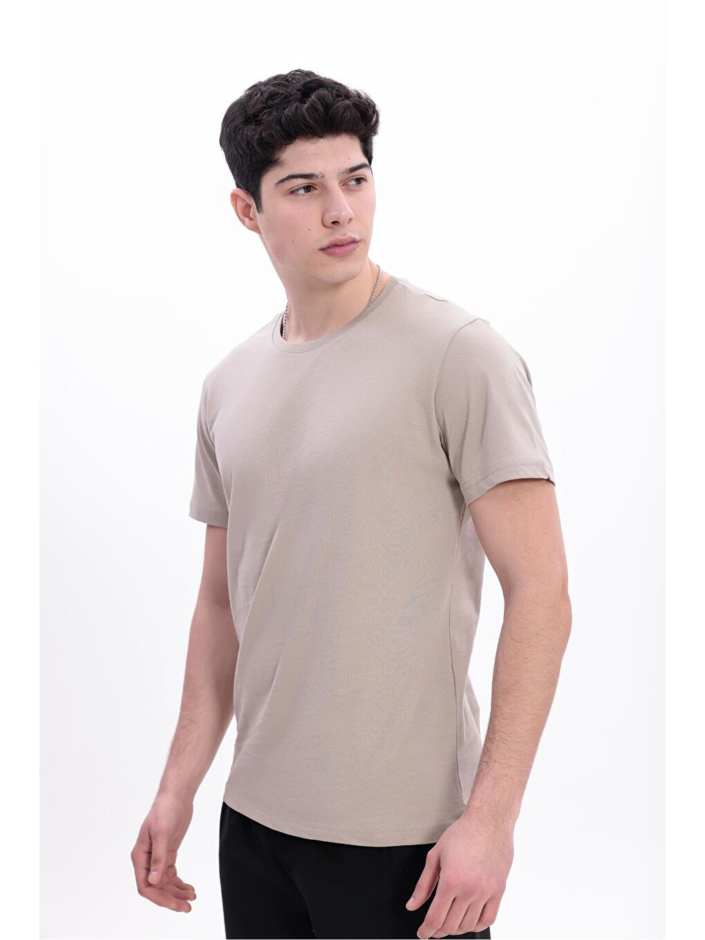 Bej Erkek/Unisex Bisiklet Yaka Basic Tişört %100 Pamuk-3
