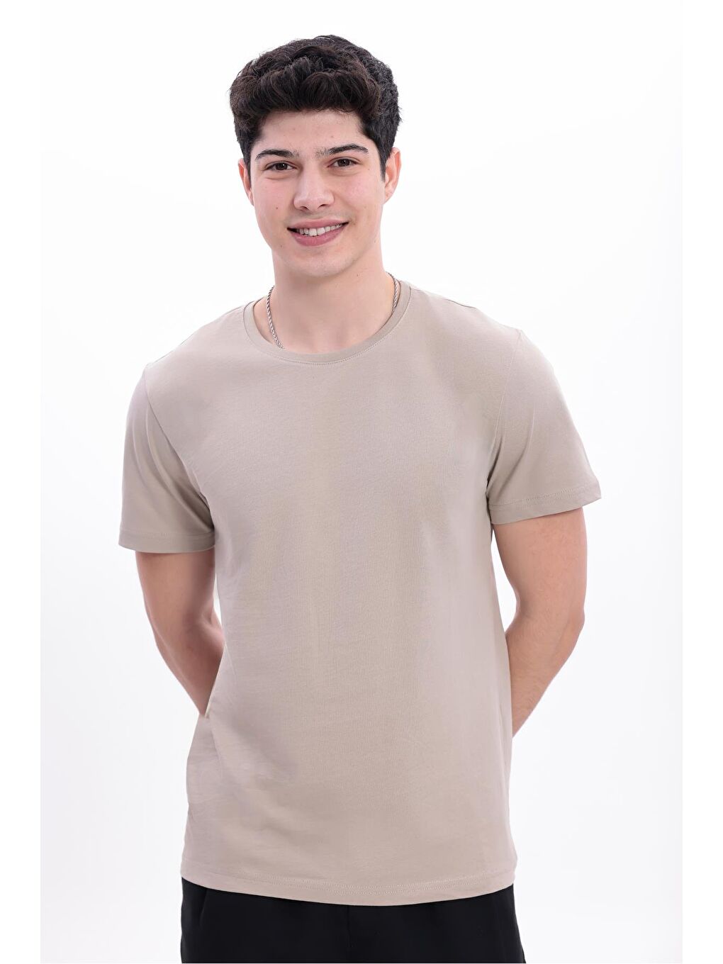 Bej Erkek/Unisex Bisiklet Yaka Basic Tişört %100 Pamuk-4