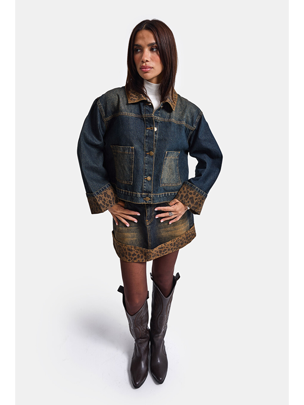 Mavi Kadın T.kot Rengi 2w6-8 Oversize Kemer Boy Leopar Detaylı Tasarım Denim Ceket-3