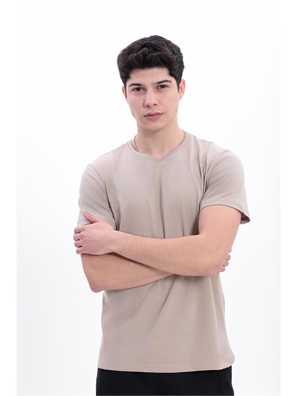 Bej Erkek/Unisex Bisiklet Yaka Basic Tişört %100 Pamuk-6