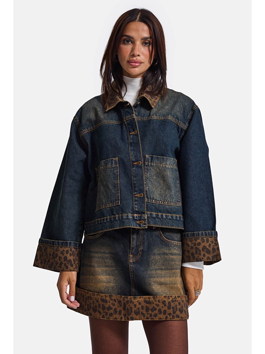 Mavi Kadın T.kot Rengi 2w6-8 Oversize Kemer Boy Leopar Detaylı Tasarım Denim Ceket-4