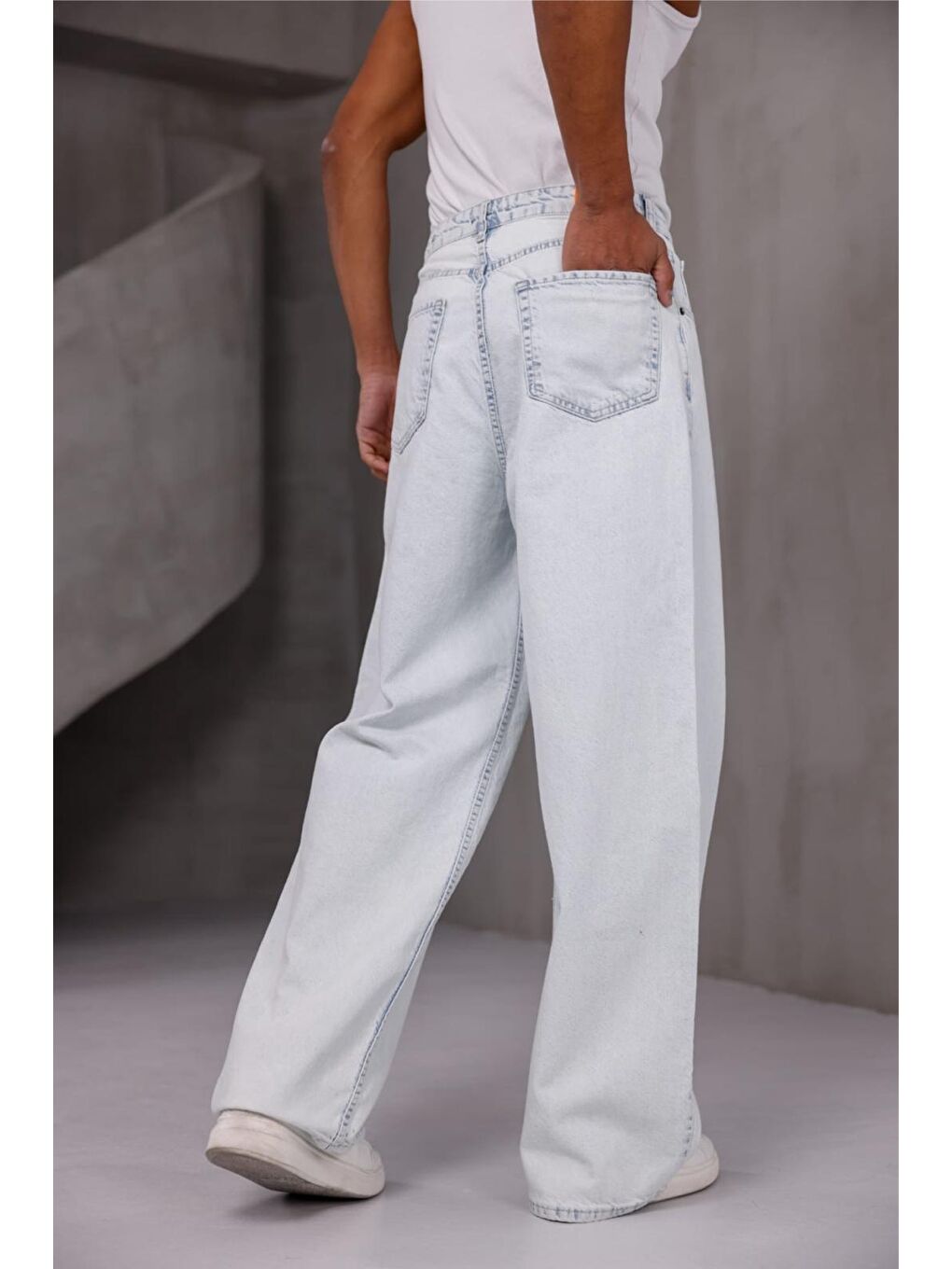 Beyaz Puertas Erkek Yüksek Bel Balon Baggy Fit Bol Kesim Jean Pantolon-1