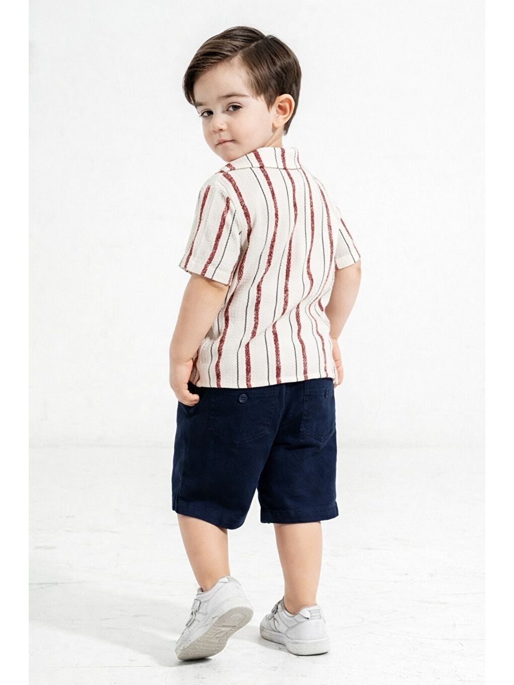 Bordo Tarz Gömlekli Çizgili Belden Ayarlanabilir Kısa Kollu Şortlu 2'li Takım-1