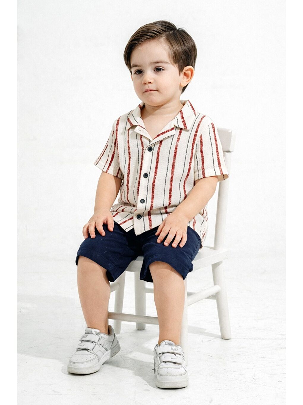 Bordo Tarz Gömlekli Çizgili Belden Ayarlanabilir Kısa Kollu Şortlu 2'li Takım-2